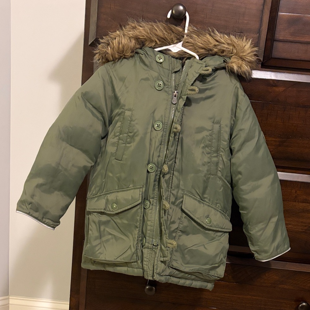 GAP Kids Olive Puffer Coat with Faux Fur Trim